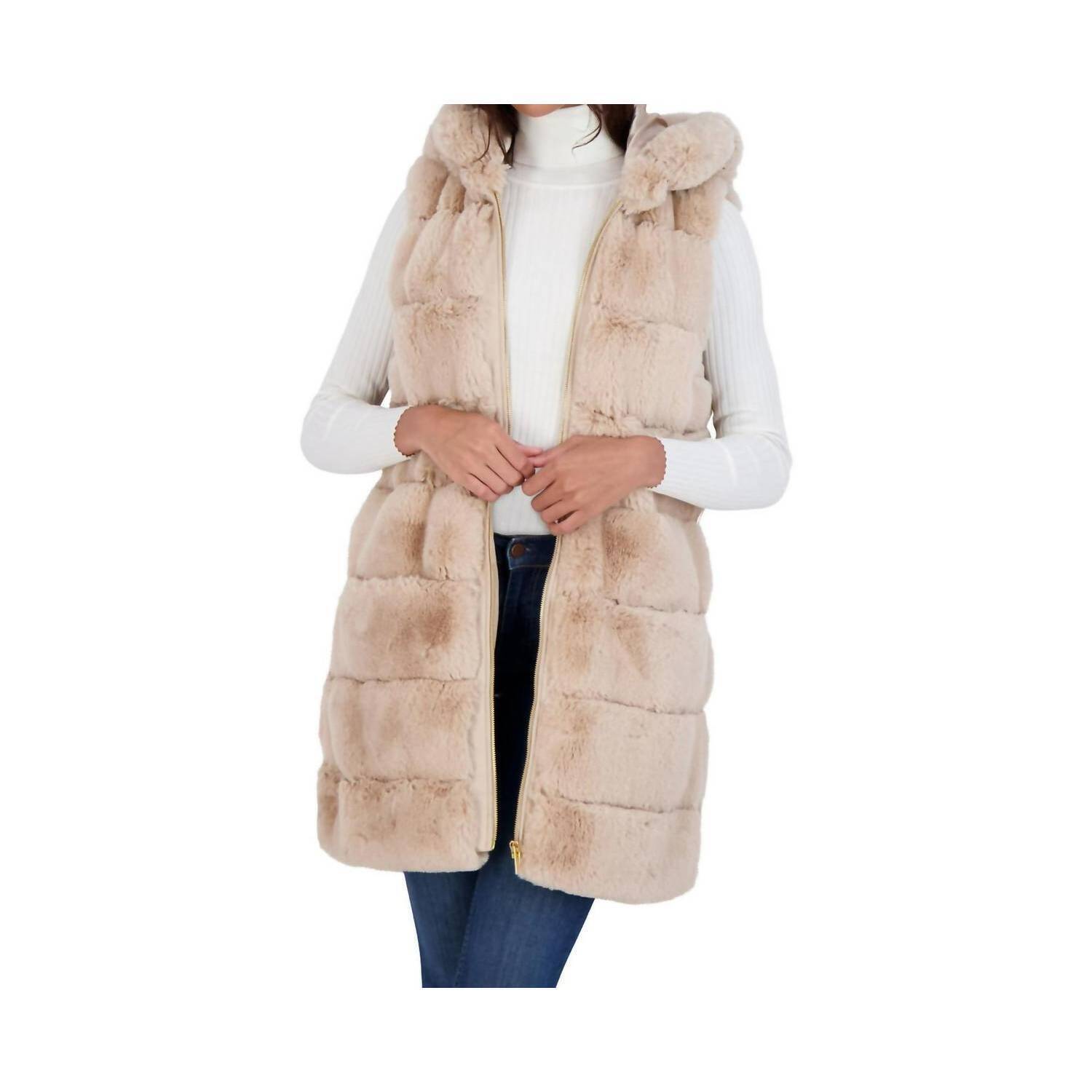 New Via Spiga Hooded Quilted Faux Fur Vest In Beige